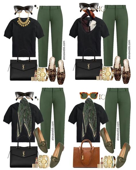 Plus Size Green Pants with Black Silk Sweater Work Outfits from Alexa Webb's 2021 Plus Size Fall Work Capsule Wardrobe Plus Size Fall Fashion 2022 Work, Casual Fall Work Outfits, Plus Size Work Wear, Work Capsule Wardrobe, Clothes Capsule Wardrobe, Mode Ab 50, Green Pants Outfit, Business Casual Dress Code, Alexa Webb