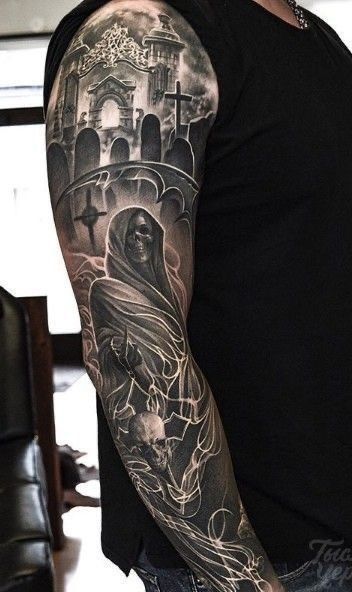 Sugar Skull Sleeve, Cover Up Tattoos For Men, Grim Reaper Tattoo, Reaper Tattoo, Skull Sleeve Tattoos, Skull Sleeve, Full Sleeve Tattoo Design, Forearm Sleeve, Taurus Tattoos