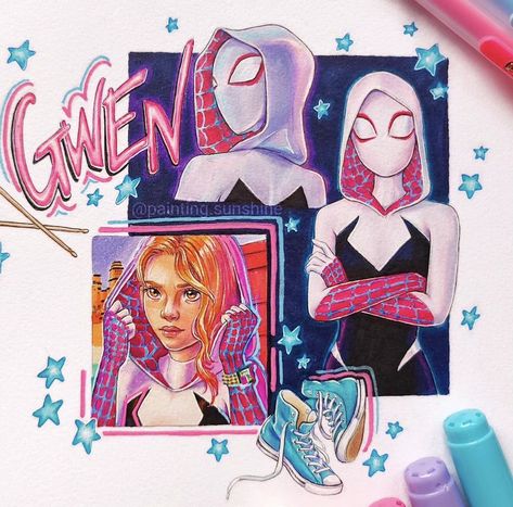 Spiderman Verse Drawing, Gwen Stacey Fan Art, Gwen Stacy Sketchbook, Pookie Drawings, Gwen Stacy Painting, Gwen Stacy Drawing, Spiderverse Art, Cyberpunk Design, Spiderman Art Sketch