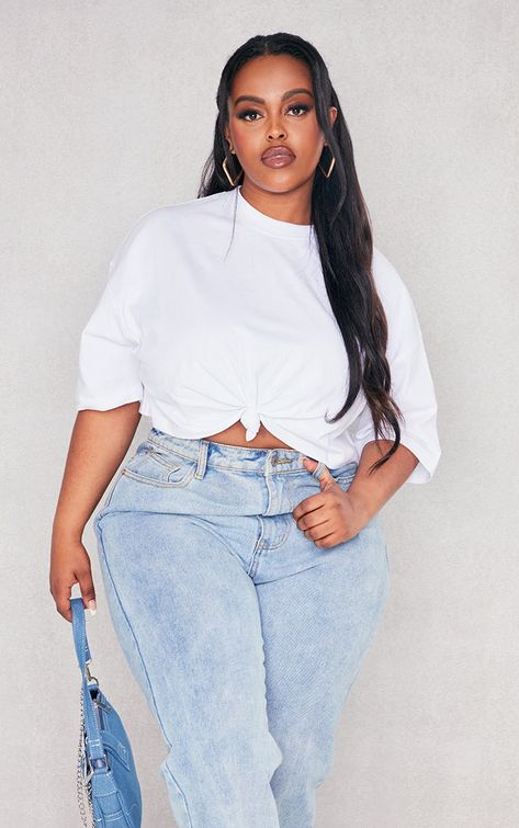 Plus White Knot Front Crop T Shirt | PrettyLittleThing USA Best Plus Size Outfits, Plus Size Summer Tops, Low Cut Top, Crop T Shirt, Plus Size Summer, Summer Clothing, Jersey Design, Crop Tshirt, Plus Size Shirts