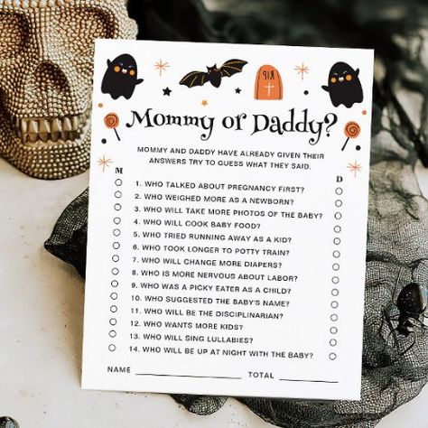 $1.28 | Mommy Or Daddy Halloween Baby Shower Game #guess who mommy or daddy, gender neutral baby shower game, halloween baby shower game, gothic baby shower game, goth baby shower game, halloween baby boy shower game, witch baby shower game, black white and orange, baby is brewing baby shower, little boo baby shower game Halloween Baby Boy, Fall Baby Shower Themes, October Baby Showers, Halloween Gender Reveal, Mickey Mouse Baby Shower, Baby Boy Halloween, Gothic Baby, Halloween Baby Shower Theme, October Baby