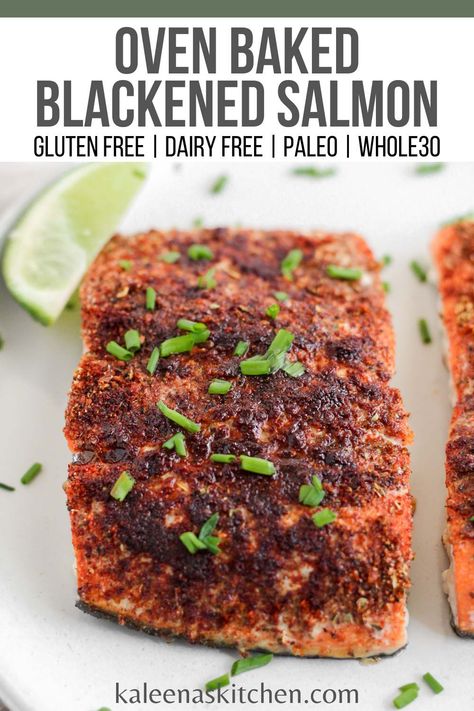 This baked blackened salmon recipe uses simple ingredients to make a perfectly baked cajun-inspired dish in under 20 minutes. Blackened Baked Salmon, Oven Blackened Salmon, Oven Baked Blackened Salmon, Blackened Salmon Baked, Cajun Baked Salmon, Oven Baked Salmon With Skin, Salmon Recipes Blackened, Best Salmon Recipe Baked, Baked Blackened Salmon