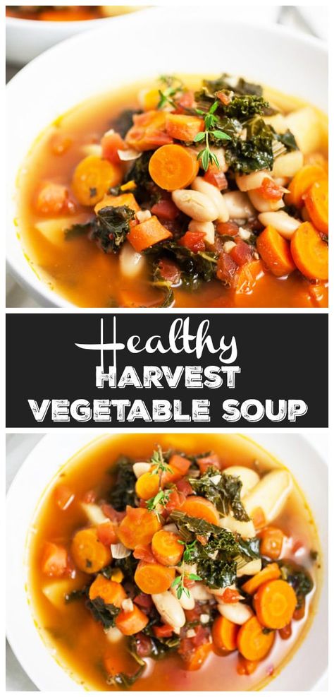 This Healthy Harvest Vegetable Soup recipe is easy to make and perfect for those cooler fall and winter nights! It's vegetarian, vegan, and gluten free. This hearty old fashioned Italian-style soup is made with kale and root vegetables. It's the perfect way to use up those garden veggies! This homemade soup is prepared in a cast Iron Dutch oven for an old fashioned feel. Perfect for fall! #soup #vegetable #vegetarian #vegan #healthy #recipes #homemade Harvest Vegetable Soup, Healthy Harvest, Soup Vegetable, Vegetable Soup Recipe, Vegetable Soup Recipes, Vegan And Gluten Free, Garden Veggies, Vegan Soups, Cast Iron Dutch Oven