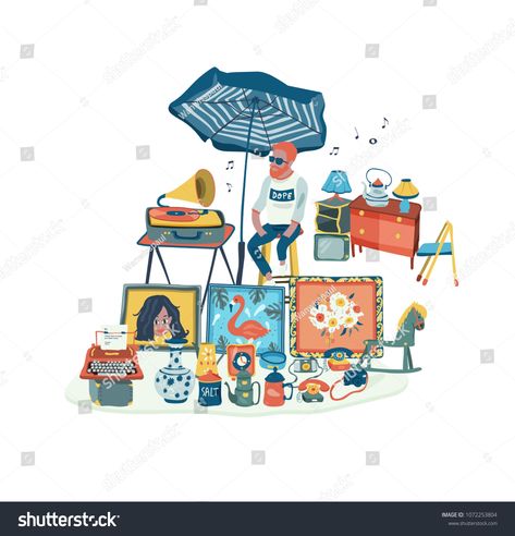 The man selling secondhand stuffs at flea market or market fair, all in colorful doodle cartoon flat design, illustration, vector, on white background #Ad , #spon, #market#flea#colorful#fair Flea Market Illustration, Flat Design Illustration, Doodle Cartoon, Silhouette Art, Technology Logo, Illustration Vector, Flat Design, Cartoon Design, Flea Market