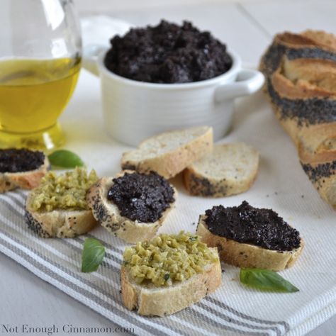 Easy Black Olive Tapenade (with a Green Olive version too!)   www.notenoughcinnamon.com Black Olive Tapenade Recipe, Black Olive Tapenade, Olive Tapenade Recipe, Olive Pesto, Olive Paste, Tapenade Recipe, Fresh Snacks, Olive Tapenade, Cinnamon Recipes