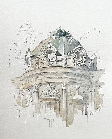 Watercolor sketch of the Opéra Garnier in Paris | 𝐚𝐫𝐭 & 𝐩𝐡𝐨𝐭𝐨𝐠𝐫𝐚𝐩𝐡𝐲 | 𝐎𝐥𝐢𝐚 𝐒𝐚𝐮𝐧𝐝𝐞𝐫𝐬 (@oliasaunders) on Instagram Architecture Drawings Sketches, Drawings Of Buildings Architecture, Watercolor Architecture Sketches, Watercolor Art Architecture, Art Of Buildings, Building Sketches, Paris Sketch, Water Colour Art, Architecture Watercolor