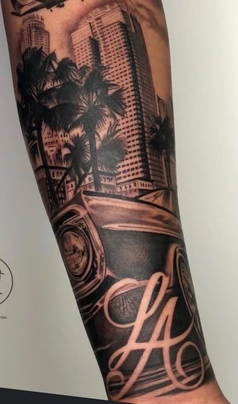 Negative Shading Tattoo, Los Angeles Tattoo Ideas, City Tattoo Ideas, Cali Tattoo, Leg Tats, Los Angeles Tattoo, La Tattoo, Full Sleeve Tattoo Design, City Tattoo