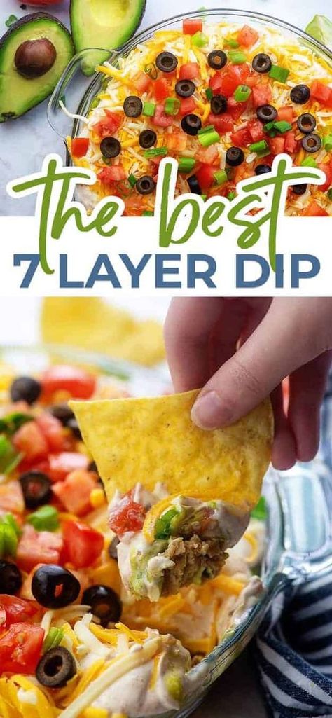 Easy Layered Bean Dip, Chips And Dip Charcuterie Board, Layer Dip Recipe, 7 Layer Dip Recipe, Superbowl Food, Layered Dip Recipes, Layered Bean Dip, Layered Taco Dip, 7 Layer Dip