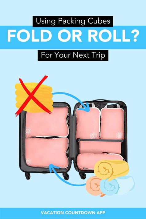 How To Roll Clothes For Packing Cubes Roll Clothes For Packing, Rolling Clothes For Packing, Roll Clothes, Vacation Countdown, Fold Clothes, How To Roll, Suitcase Packing, Folding Clothes, Packing Cubes