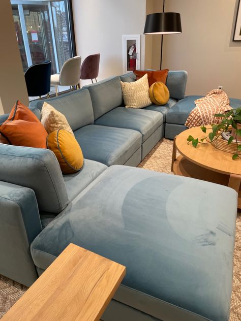 Light Blue Couch Decor, Pale Blue Couch Living Room, Light Blue Couch Living Room Decor, Light Blue Velvet Sofa Living Room, Styling A Blue Couch, Blue Couch Christmas Decor, Baby Blue Sofa Living Room, Dusty Blue Couch, Blue Velvet Couch Living Room Ideas