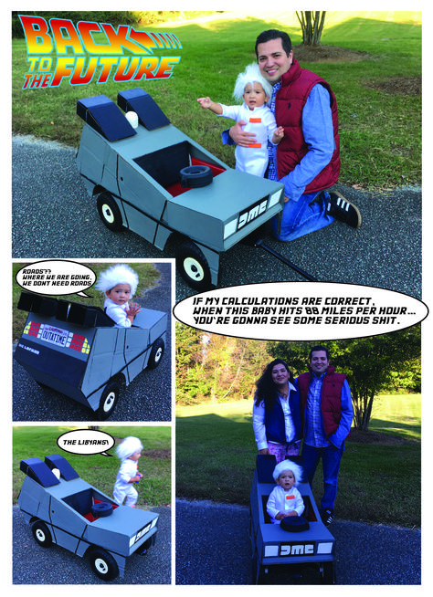 Happy Halloween from the future! Costume DYI Delorean time machine Back to the future Toddler Radio flyer wagon Family theme costume Back To The Future Toddler Costume, Back To The Future Family Halloween Costume, Family Back To The Future Costume, Back To The Future Costume Family, Back To The Future Family Costume, Halloween Wagon Ideas, Wagon Halloween Costumes, Creative Diy Costumes, Wagon Ideas