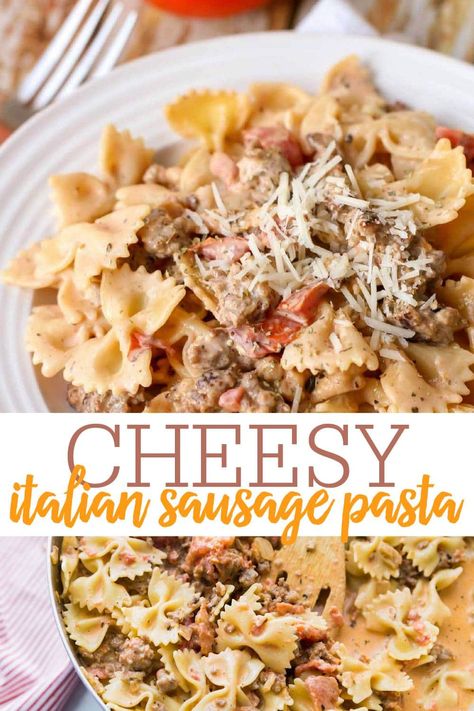 Easy cheesy Italian Sausage Pasta is creamy, delicious and perfectly spiced. It's a family favorite ready in only 20 minutes! #italiansausagepasta #sausagepasta #italiansausage #pasta #italianrecipe Mild Italian Sausage Recipes Dinners Pasta Dishes, Pasta With Sausage Links, Creamy Spicy Italian Sausage Pasta, Mild Italian Sausage Link Recipes, Italian Sausage Farfalle, Italian Sausage Recipes Pasta, Bow Tie Pasta Recipe, Sausage Pasta Recipes, Italian Sausage Pasta