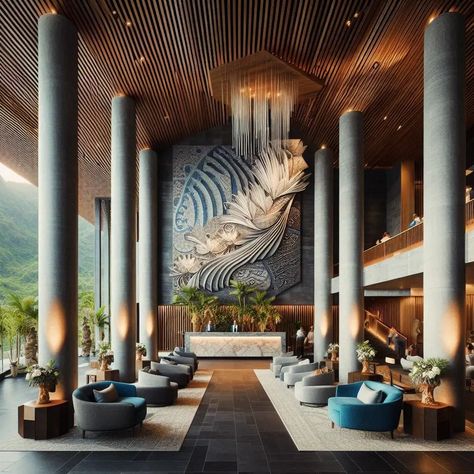 Lobby Resort Design, Hotel Lobby Lounge Design, Hotel Lobby Photography, Mountain Hotel Design, Lobby Lounge Design, Banquet Reception, Hotel Lobby Reception, Resort Reception, Tropical Hotel