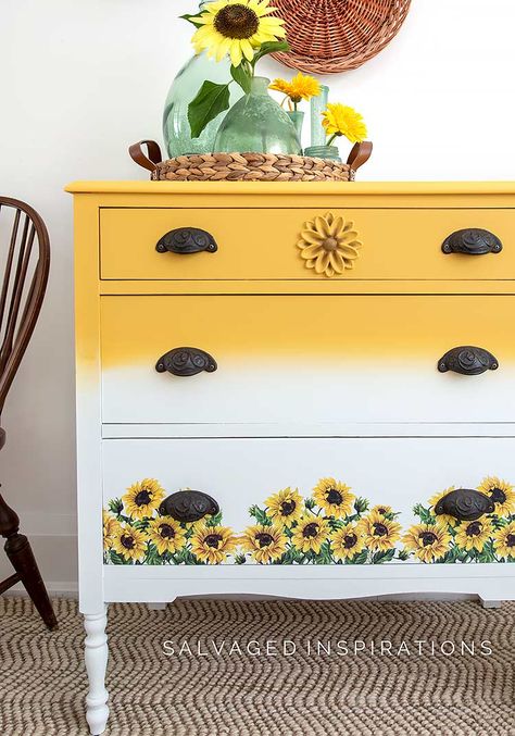 Sunflower Transfer, Sunflower Maze, Singer Sewing Tables, Yellow Dresser, Sunflower Plant, Painted Kitchen Tables, Blooming Sunflower, Painted Bookshelves, Salvaged Inspirations