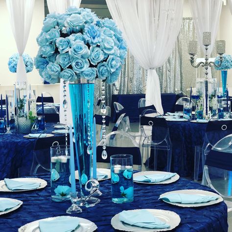 Shades of Blue 78th Birthday Party Ideas For Mom, 50 Shades Of Blue Wedding Ideas, Shades Of Blue Decorations Party, 16 Shades Of Blue Party, Shades Of Blue Birthday Party Ideas, Shades Of Blue Party, Table Decorations Blue, Long Wedding Table Decorations, Wedding Table Decorations Blue