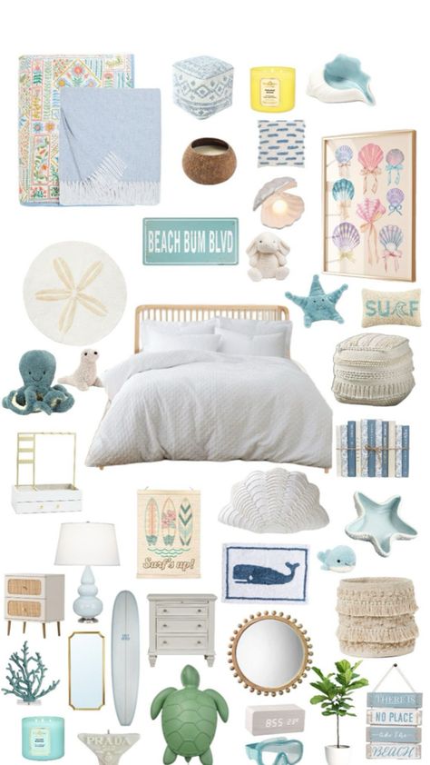 Costal Core Bedroom, Beach Room Collage, Beach Dorm Room Ideas Boho, Cozy Costal Bedroom Ideas, Room Ideas Aesthetic Ocean Theme, Room Ideas Costal Grandaughter, Greek Room Ideas, Beachy Themed Room, Beachy Aesthetic Room Ideas