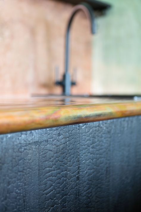 Our Copper worktop and shou sugi ban cupboard doors in the kitchen for George Clarke's Old House, New Home Shou Sugi Ban Cabinets, Shou Sugi Ban Kitchen Cabinets, Yakisugi Kitchen, Shou Sugi Ban Kitchen, Shou Sugi Ban Interior, Sho Shugi Ban, Copper Worktop, Shugi Ban, Small Attic Renovation