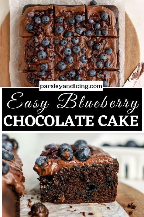 This easy blueberry chocolate cake is a rich, moist chocolate cake studded with blueberries! It is generously frosted with a quick chocolate sour cream frosting. It’s topped with a homemade blueberry sauce and fresh blueberries! Blueberry And Chocolate Recipes, Chocolate Blueberry Cake, Blueberry Chocolate Cake, Chocolate Sour Cream Frosting, Chocolate Persimmon, Sour Cream Frosting, Banana Coffee Cakes, Icing Recipes, Blueberry Cupcakes