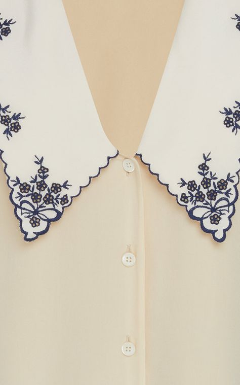 Miu Miu Collared V-Neck Button Down Top Embroidered Collar Shirt, Embroided Clothes, Collar Embroidery Design, Embroidery On Collar, Top With Collar, Sewing Collars, Collars Diy, Designer Kurti Patterns, Kurti Patterns