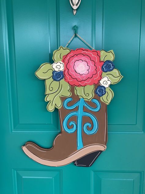 Cowboy Boot With Flowers, Boot Door Hanger, Boot With Flowers, Boot Decor, Door Hanger Template, Wooden Door Hanger, Cowgirl Boot, Front Door Signs, Wooden Door Hangers