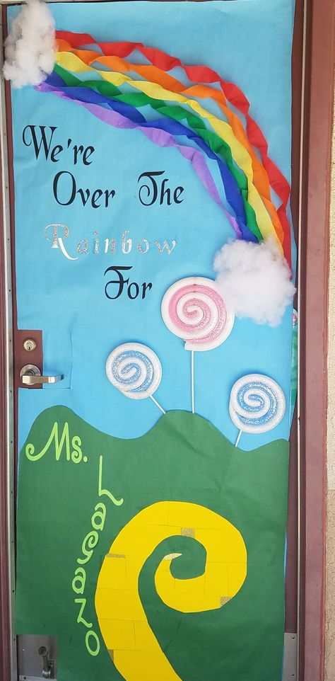 3D Teacher appreciation door We're over the rainbow for (teacher). Wizard of Oz, Dorothy, classroom decor door Rainbow Door Classroom, Wizard Of Oz Door Decorations Classroom, Wizard Of Oz Teacher Appreciation Week, Wizard Of Oz Bulletin Board Ideas, Wizard Of Oz Classroom Door, Wizard Of Oz Door Hanger, Wizard Of Oz Door Decorations, Wizard Of Oz Bulletin Board, Wizard Of Oz Classroom Theme