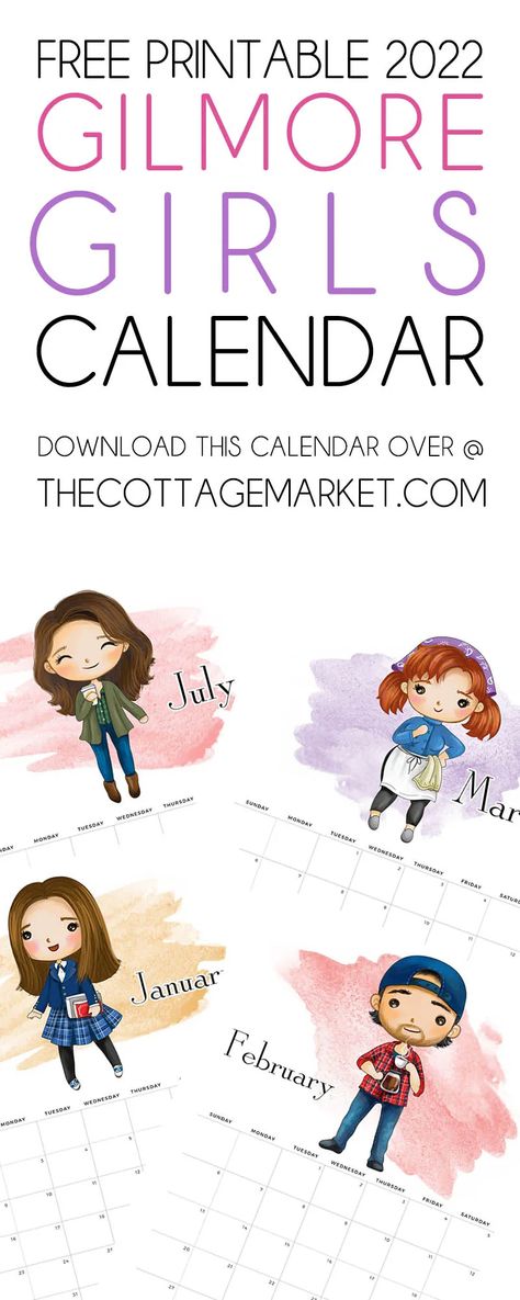 This Free Printable 2022 Gilmore Girls Calendar is ready and waiting to be printed out so it can get you totally organized for the entire year! The New Year is approaching with rapid speed and we are all going to need a fresh new calendar to greet it! So here is yet another Free Printable Calendar for you… this time it is all about your favorite Mother and Daughter act… Loreli and Rory! This Free Printable 2022 Gilmore Girls Calendar will bring the welcomed New Year of 2022 in with a SMILE! Calendar Download, Cottage Market, Free Digital Scrapbooking, Party Printables Free, Free Printable Calendar, 12th Birthday, Planning Printables, Funky Junk, Party Banners