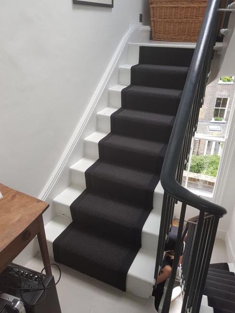 Black Carpet Runner to Stairs in West London Update Stairs, Painted Stair Railings, Bullnose Carpet Stair Treads, Black And White Stairs, Prom 23, White Staircase, Black Stairs, White Stairs, Hallway Inspiration