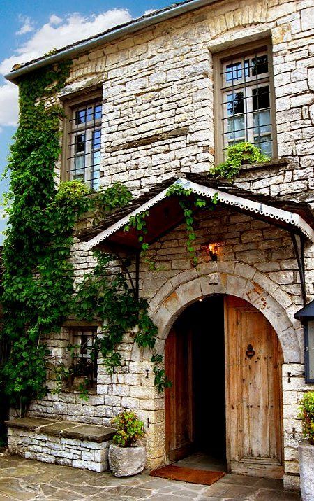 Traditional House in Papigo village, Epirus Greek House Exterior, Old Greek House, Stone House Interior, Traditional Greek House, Epirus Greece, Greek Flowers, House Mediterranean, Greek House, Brick Architecture