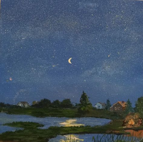 Lake At Night Painting, Star Sky Painting, Pretty Sky Painting, Nighttime Drawing, Moon And Star Wallpaper, Painted Night Sky, Night Sky Drawing, Stars Painting, Painted Stars