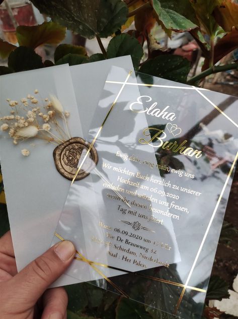 "Surprise your lovely guests with these stunning invitations. All you need to do is making us know all the details of your wedding for your invitations. Then you can focus on other details of your wedding! Wedding invitation size 13.6x18.9 cm (5.5\"x7.8\") Luxury 200 Gsm Vellum 500 micron-0.5 mm Pvc-Acrylics Real Flowers Wax Seal HOW TO PURCHASE To order invitations please choose the option from the drop down menu \"Number of invitations\" and place the order. *Personalize it: Please provide you Overlay Wedding Invitations, Wedding Invitations Acrylic, Acrylic Wedding Invitation, Wedding Invitation Size, Glitter Wedding Invitations, Budget Friendly Wedding, Affordable Wedding Invitations, Acrylic Wedding Invitations, Pocket Wedding Invitations