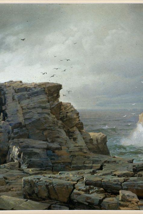 Rocky Coastline with with waves and seabirds Rocky Coastline with with waves and seabirds  William Trost Richards 1833-1905 Rocky Coastline, Rocky Coast, Sea Birds, Seascape Paintings, Hunger Games, Rocky, Paintings, Clothes, Art