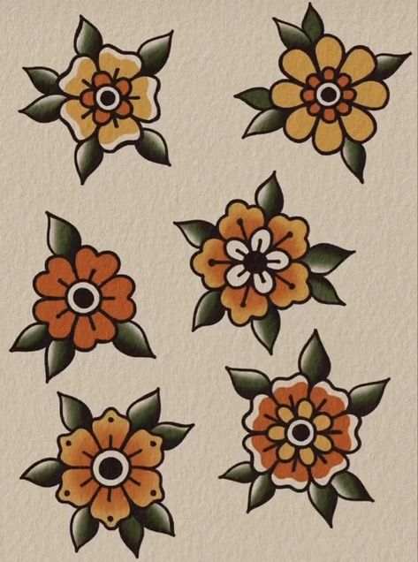 American Traditional Drawing Ideas, Traditional Flowers Drawing, Traditional Heart And Flower Tattoo, Sailor Jerry Flowers, Trad Tattoo Flash Sheet, Tattoo Flowers Traditional, Sailor Jerry Flower Tattoo, Old American Traditional Tattoo, Traditional Tattoo Art Flower