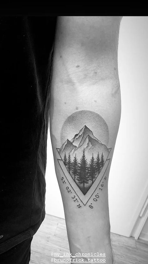 Mountains Tattoo Men, Mountain Tattoo Men Forearm, Geometric Mountain Tattoo Men, Forearm Tattoo Women Mountains, Mountain Hand Tattoo, Triangle Mountain Tattoo, Mountain Geometric Tattoo, Sun Mountain Tattoo, Mountain Tattoo Forearm