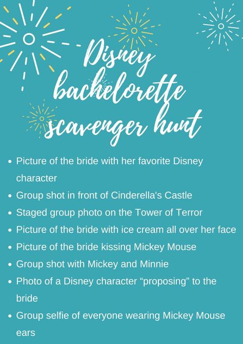 bachelorette scavenger hunt disney bachelorette scavenger hunt Bachelorette Scavenger Hunt Ideas, Bar Scavenger Hunt, Raunchy Bachelorette Party Games, Disneyland Bachelorette Party, Planning A Bachelorette Party, Bachelorette Party Games Drinking, Bachelorette Party Funny, Vows For Her, Disney Bachelorette Parties