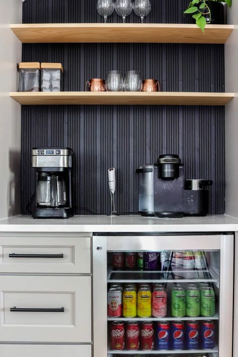 Create a dedicated space for your coffee mugs and supplies with these coffee bar ideas. From DIY coffee carts to dedicated nooks in dining rooms, it's easy to create a coffee station no matter the size of your space or budget! Pantry With Fridge, Diy Coffee Bar Ideas, Office Coffee Station, Coffee House Decor, Office Coffee Bar, Coffee Bar Cart, Coffee/wine Bar, Diy Coffee Station, Coffee Area