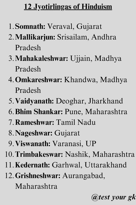 In this post we have given the 12 Jyotirlingas of Hinduism. Our post is full of amazing gk. If you like to read and improve your gk, then you must FOLLOW our page @test your gk . LIKE . SHARE . COMMENT . #gk #upscgkquiz #generalknowledge #worldgk #facts #indiagk Pol Science, Hinduism Facts, Differentiation Formulas, 12 Jyotirling, 12 Jyotirlinga, Exam Preparation Tips, Ias Study Material, Indian Philosophy, Indian History Facts