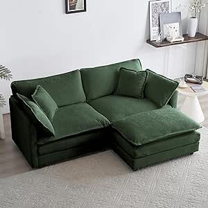 $379.99; GNIXUU Deep Seat Sectional Sofa Cloud Couch with Ottoman, 76.7" Modern Chenille Comfy Upholstered Modular Sofa L Shaped Couch for Living Room, Apartment, Studio, Office(Green) Vibe House, Couch With Ottoman, Upholstered Couch, Modular Couch, 70s Mod, Elegant Sofa, Couch Set, Sectional Sofa Couch, Ottoman Set