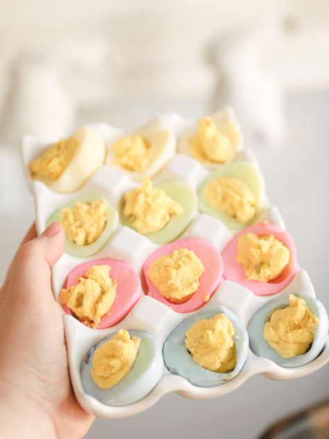 Deviled Egg Easter Basket, Pink And Blue Deviled Eggs Gender Reveal, Pastel Deviled Eggs, Baby Shower Deviled Eggs, Blue Deviled Eggs, Dyed Deviled Eggs, Colored Deviled Eggs, Easter Deviled Eggs, Simple Gender Reveal