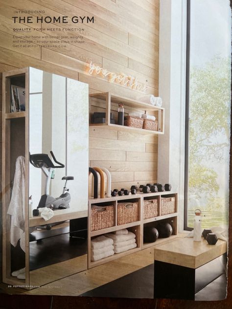 Pottery Barn home gym Office Combo Room, Basement Gym And Family Room, Small Basement Gym, Home Gym Storage Ideas, Basement Workout Room, Pottery Barn Home, Home Yoga Room, Home Gym Basement, Home Gym Inspiration