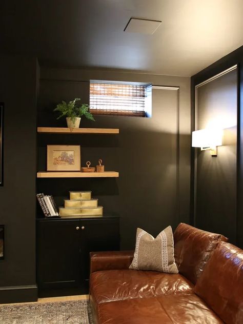 Black Walls Ceiling, Black Ceiling Basement Dark Walls, Bourbon Themed Basement, Media/game Room, Media Room Paint Colors Wall, Black Walls In Basement, Black Walls And Ceiling Living Room, All Black Basement Ideas, Black Wall Basement Ideas