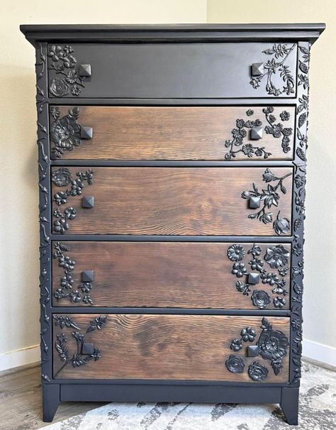 Painted Furniture With Wood Accents, Furniture Makeover Aesthetic, Upcycling Bedroom Furniture, Diy Black Furniture Ideas, Dark Vintage Furniture, Black And Gold Furniture Diy, Gothic Furniture Makeover, Refurbished Vintage Dresser, Whimsigoth Furniture Diy