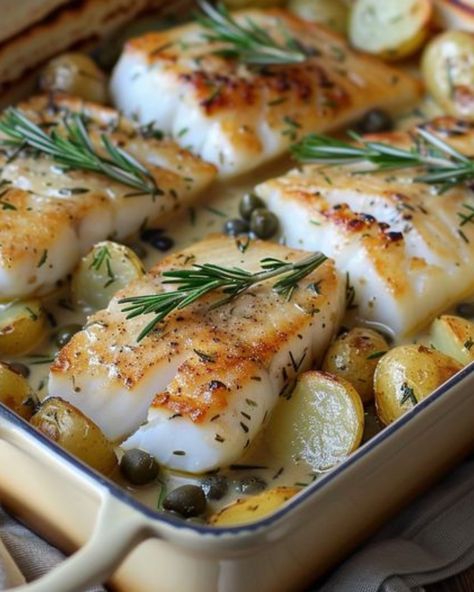 Delightful Fish Dish: Cod & Potatoes in Rosemary Cream Sauce Rosemary Fish Recipe, Cod Potatoes, Fish With Cream Sauce, Rosemary Cream Sauce, Cod Dishes, Potato Sauce, Cod Fillets, Pescetarian Recipes, Recipes Fish