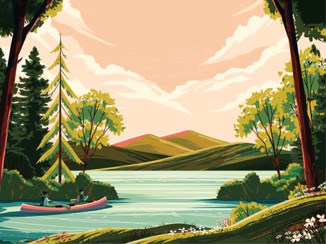 Boston Globe Magazine - New England Lakes by Matt Carlson on Dribbble Seni Cat Air, Landscape Illustration, Nature Illustration, Mountain Landscape, Landscape Art, Art Direction, Digital Illustration, Global Community, New England