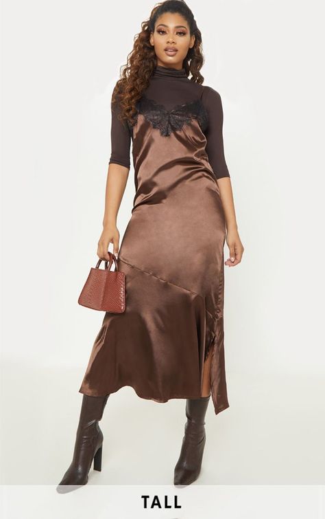 Tall Brown Satin Lace Trim Cami Midi Dress Boots Wedding Guest, Dresses For Tall Women, Tall Women Dresses, Boots Wedding, Tall Maxi Dress, T Shirt Dresses, Roll Neck Top, Brown Knee High Boots, Cami Midi Dress