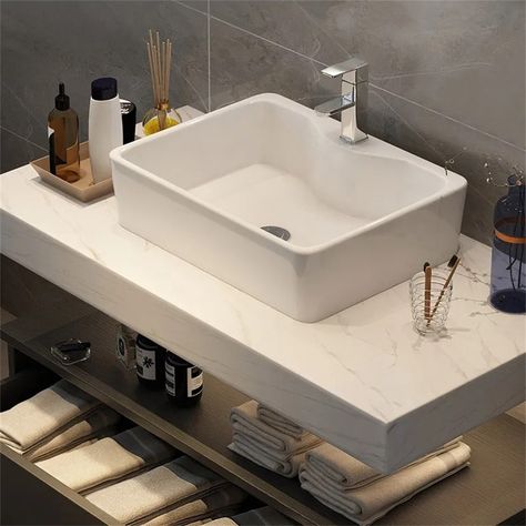 Faux Marble Countertop, Rectangular Vessel Sink, Bathroom Sink Design, Wood Sink, Basin White, Floating Bathroom Vanity, Marble Vanity Tops, Floating Vanity, Sink Design