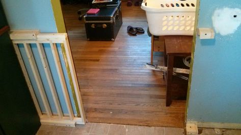 I built a sliding dog gate from scratch. - post - Imgur Sliding Dog Gate, Dual Desk, Pallet Gate, Dog Gates For Stairs, Diy Dog Gate, Diy Baby Gate, Dog Gates, Baby Gate, Sliding Gate