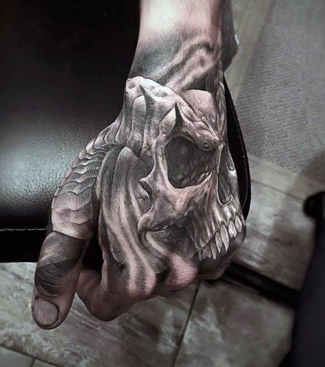 Ram Horn Skull Mens Hand Tattoos Hand Skull, Herren Hand Tattoos, Skull Hand Tattoo, Guys Tattoos, Wicked Tattoos, Hand Tats, Muster Tattoos, Skeleton Hand Tattoo, Different Tattoos