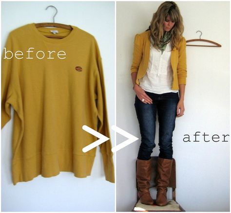 XL men's sweatshirt into a comfy cardigan~ this is genius. i'll never look at a thrift store the same way now :) Diy Sy, Comfy Cardigan, Cute Blazers, Mode Tips, Diy Vetement, Old Sweater, Creation Couture, Diy Couture, Sewing Clothes