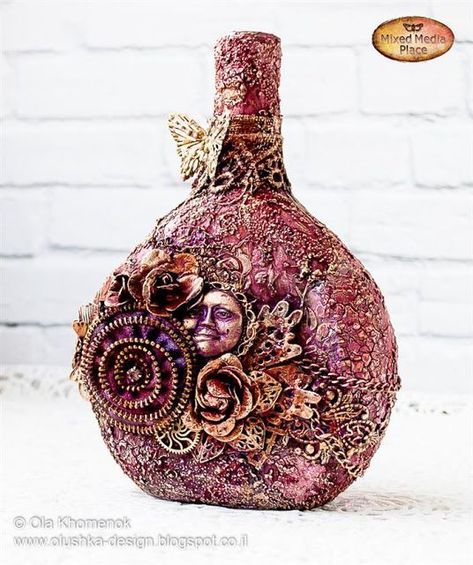 Altered Bottles Tutorial, Journal Jar, Altered Jars, Decorative Bottles, Empty Wine Bottles, Decorated Bottle, Jar Art, Wine Glass Art, Glass Bottles Art