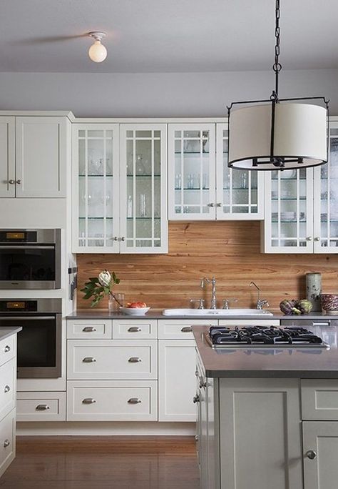 The Backsplash:  Other Than Tile - I love the furniture!!! glass cabinets!!! Wood Kitchen Backsplash, White Kitchen Backsplash, Beadboard Backsplash, Wood Backsplash, Revere Pewter, Austin Homes, Ideas Hogar, Cool Ideas, Wooden Kitchen